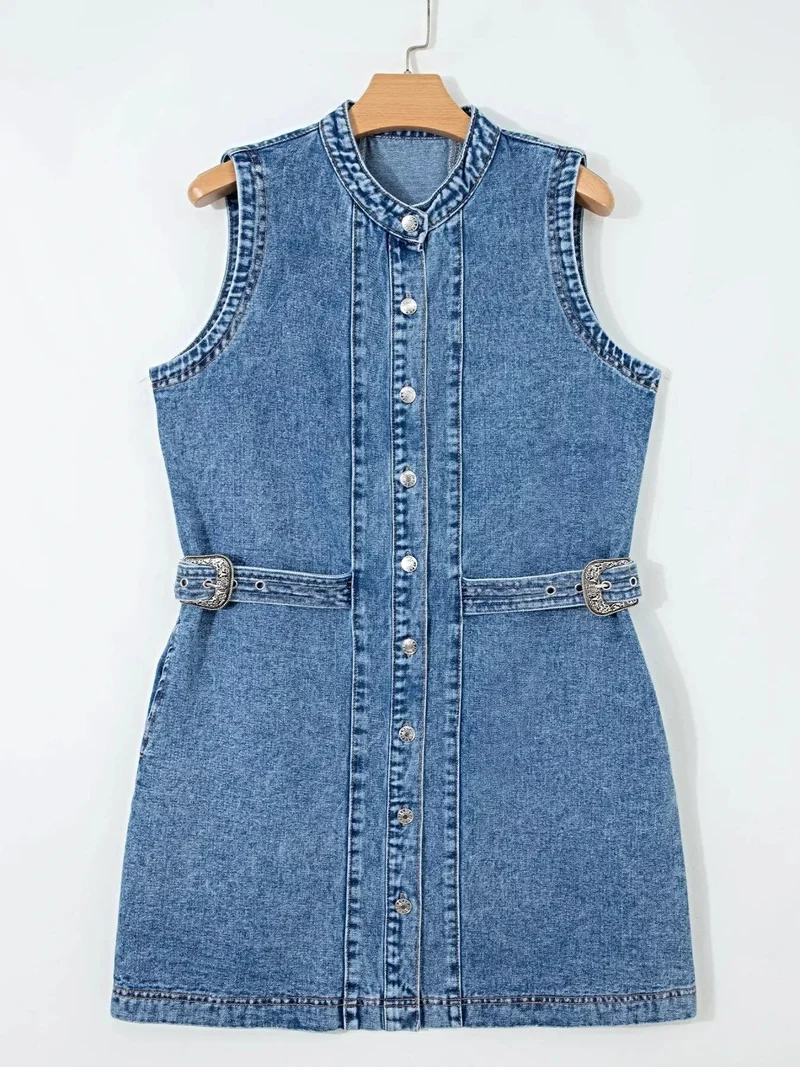 Stijlvolle mouwloze denim jurk met riem en knoopjes - casual chic voor elke gelegenheid