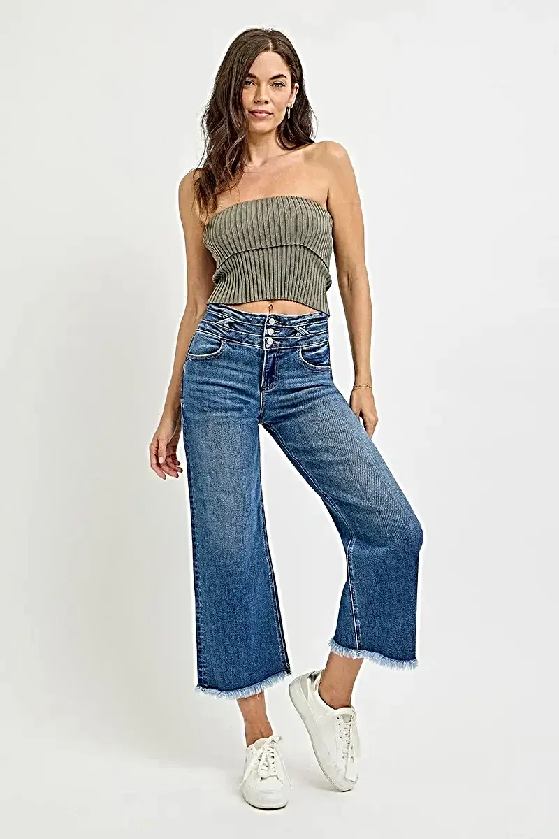 Trendsi jeans met hoge taille en wijde pijpen, met een unieke brede band - moeiteloos chique stijl