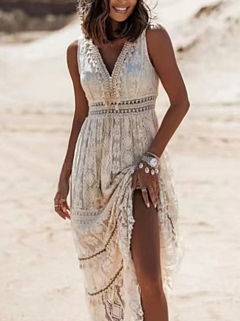 Elegante maxi-jurk met V-hals en kanten details en kwastjes - mouwloos, 100% polyesterstof