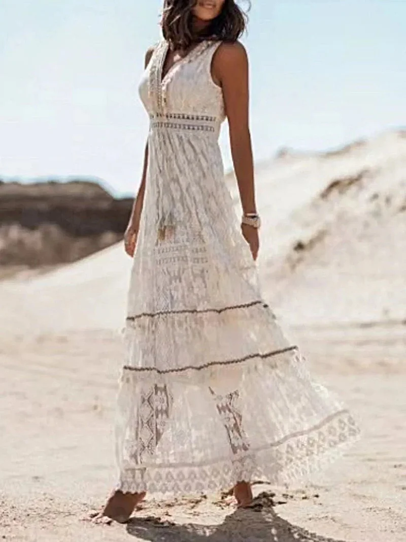 Elegante maxi-jurk met V-hals en kanten details en kwastjes - mouwloos, 100% polyesterstof