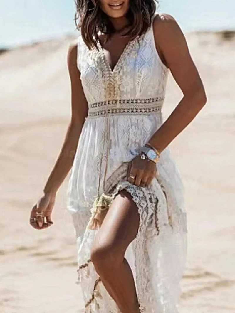 Elegante maxi-jurk met V-hals en kanten details en kwastjes - mouwloos, 100% polyesterstof