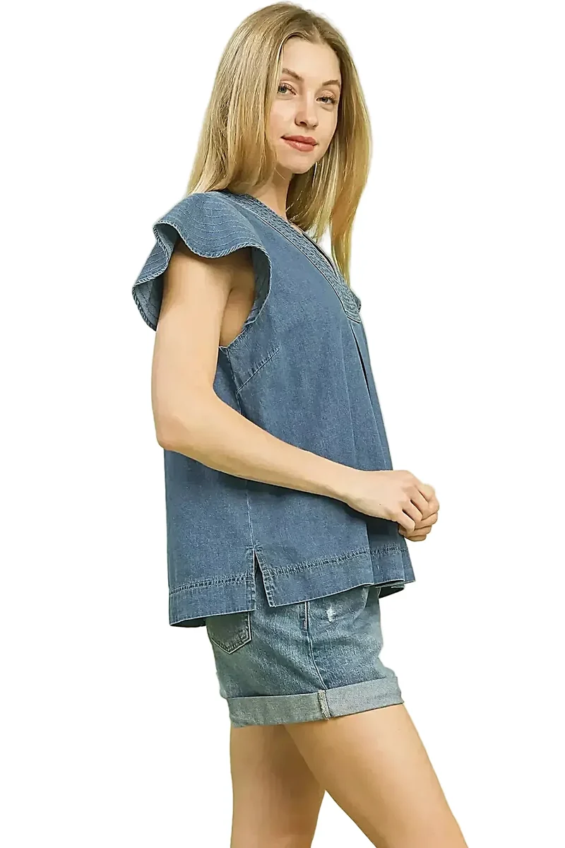 Tijdloze denim top met korte mouwen, V-hals en zijsplitten - 100% katoen, casual kleding