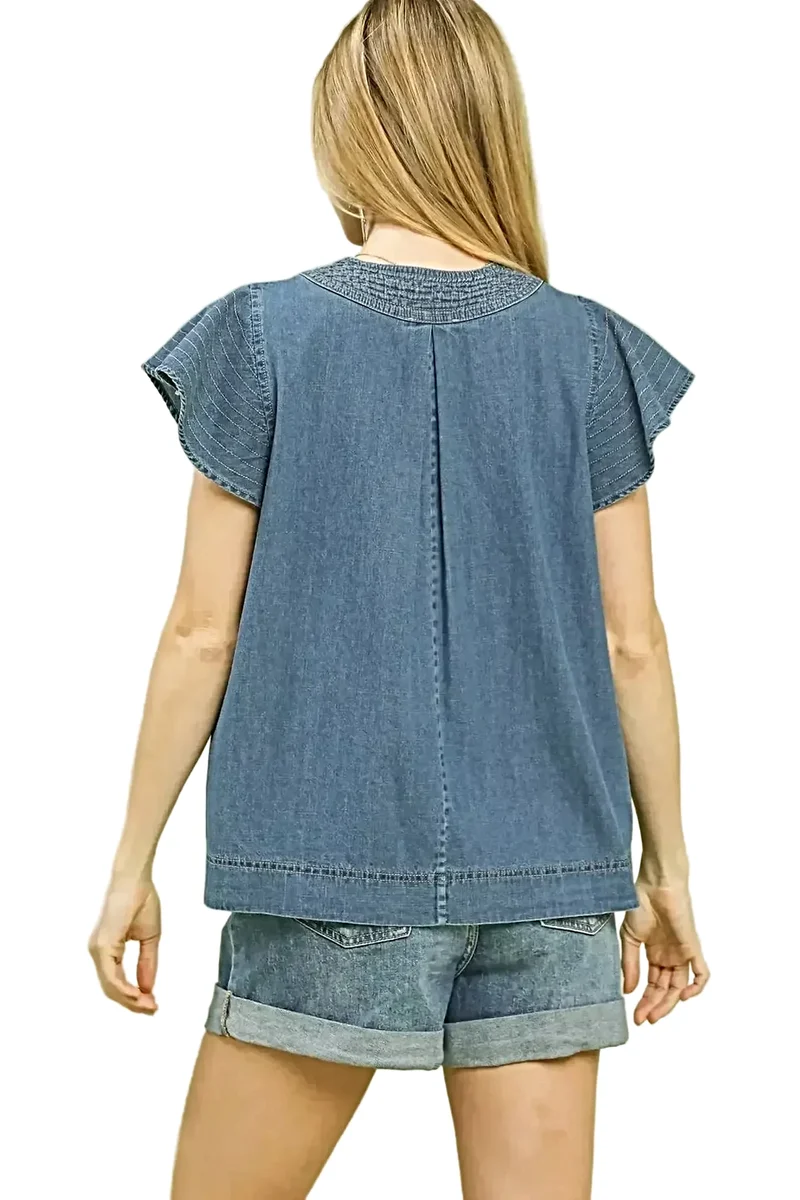 Tijdloze denim top met korte mouwen, V-hals en zijsplitten - 100% katoen, casual kleding