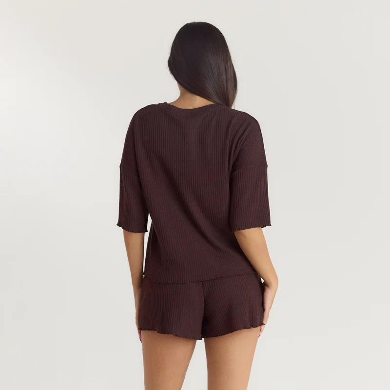 Soft Waffle Pyjama Top - Donker Chocoladekleurig