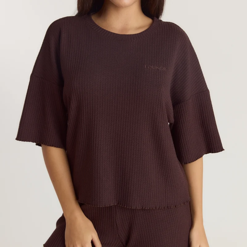 Soft Waffle Pyjama Top - Donker Chocoladekleurig