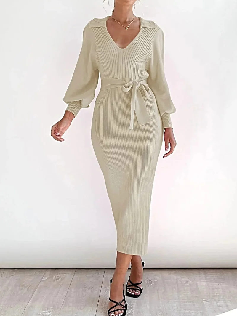 Elegante damesjurk met lange mouwen en strikdetail - Stretch viscose gebreide midi-jurk