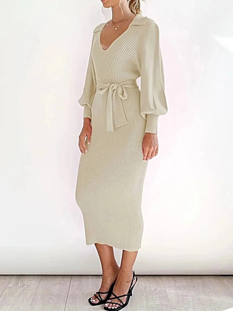 Elegante damesjurk met lange mouwen en strikdetail - Stretch viscose gebreide midi-jurk