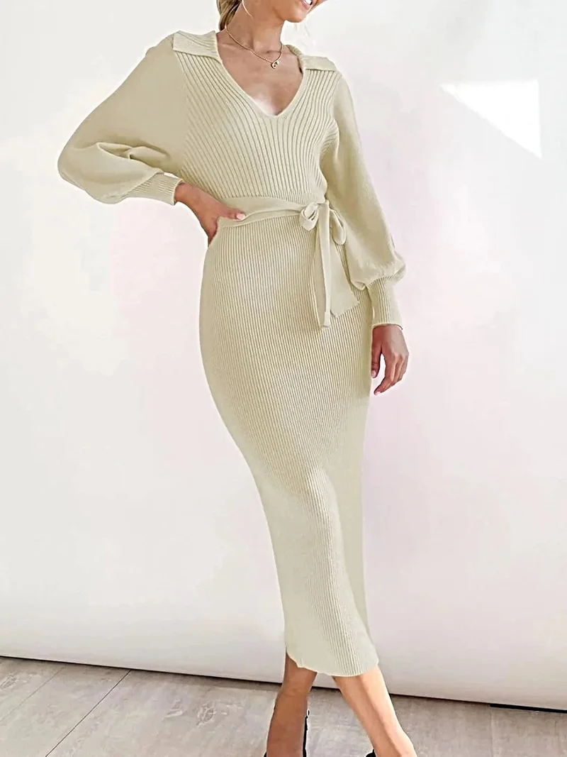 Elegante damesjurk met lange mouwen en strikdetail - Stretch viscose gebreide midi-jurk