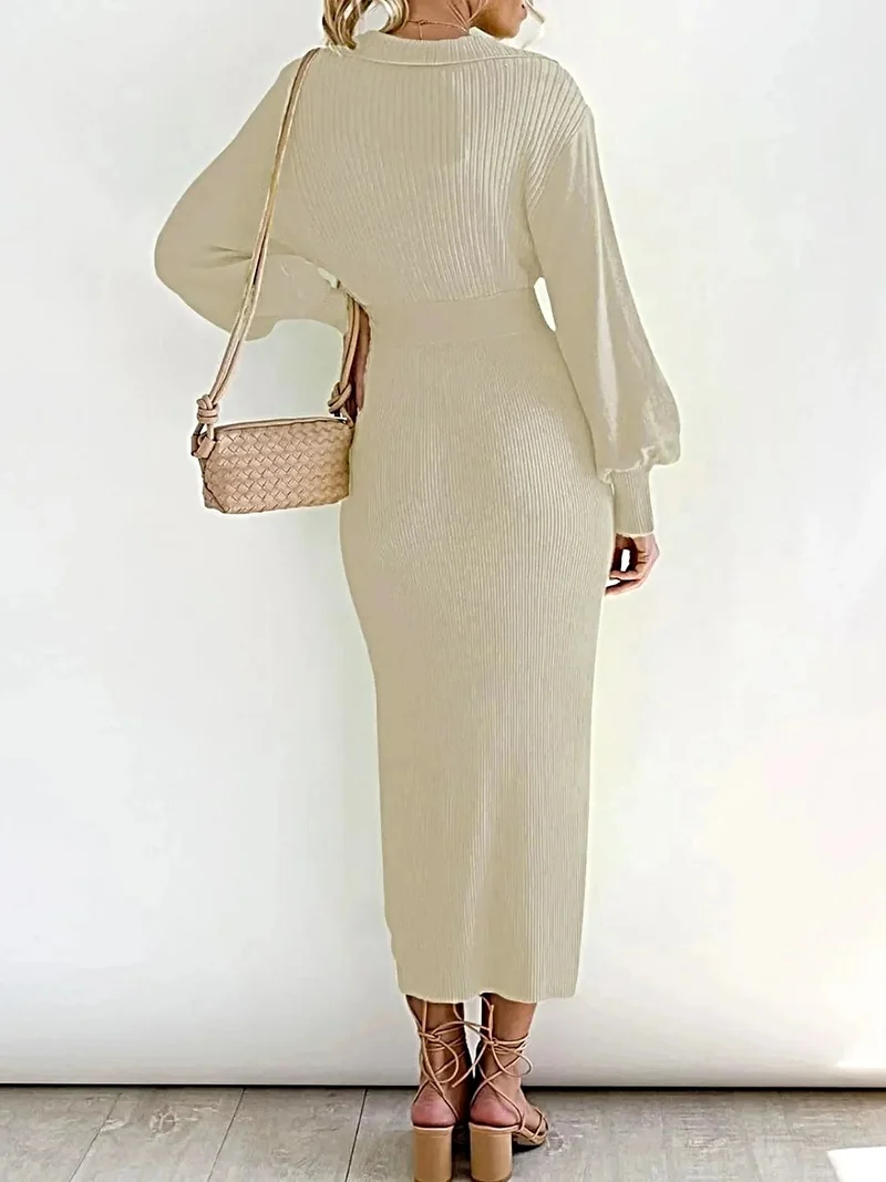 Elegante damesjurk met lange mouwen en strikdetail - Stretch viscose gebreide midi-jurk
