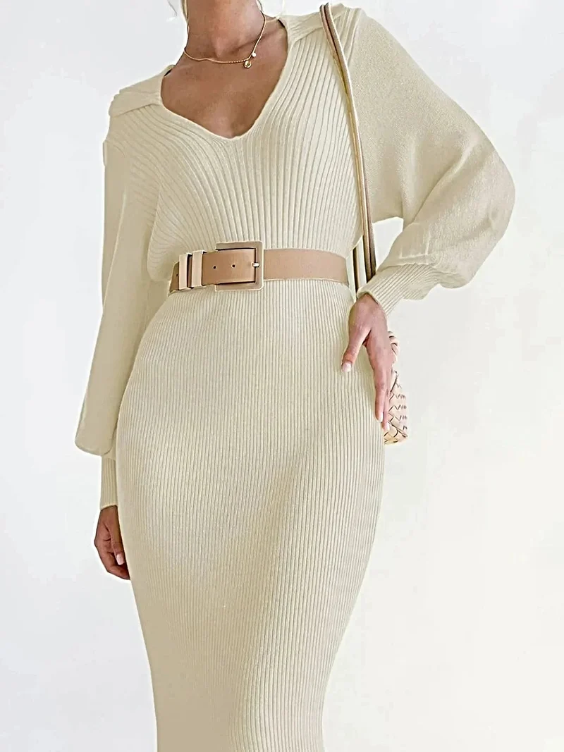 Elegante damesjurk met lange mouwen en strikdetail - Stretch viscose gebreide midi-jurk