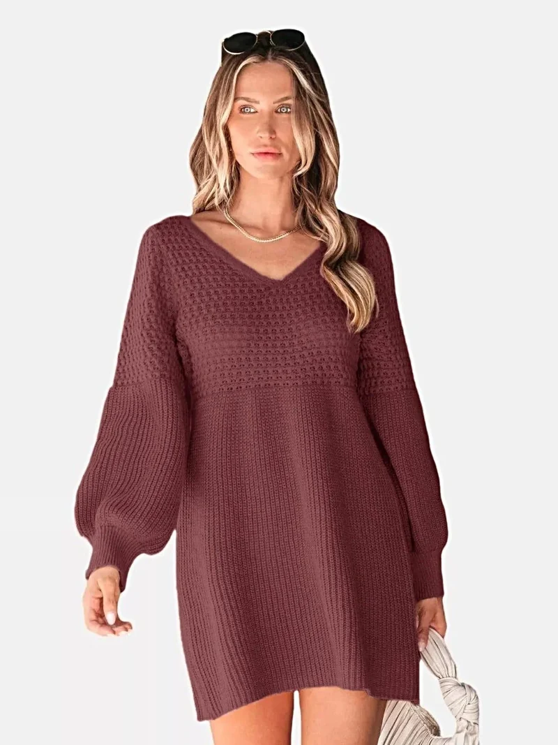 Elegante damesjurk met V-hals en lange mouwen, gemaakt van 100% acryl. Midi-jurk.