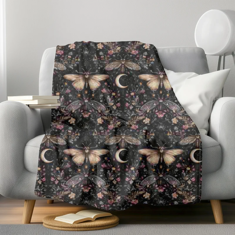 Gothic Fleece Blanket - Moth Moon - Luxury Twin / Double Velveteen Fleece Blanket