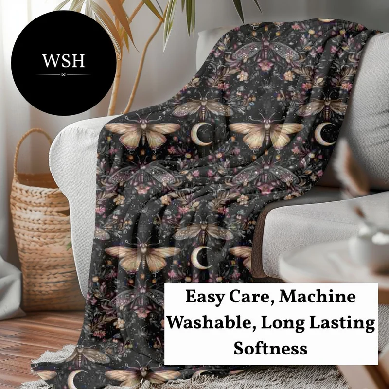Gothic Fleece Blanket - Moth Moon - Luxury Twin / Double Velveteen Fleece Blanket
