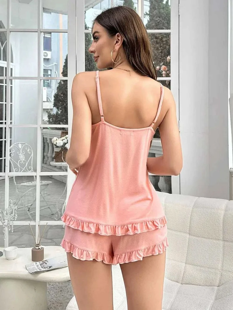 Loungewearset met ronde hals, top en shorts en ruches - licht rekbaar en comfortabel