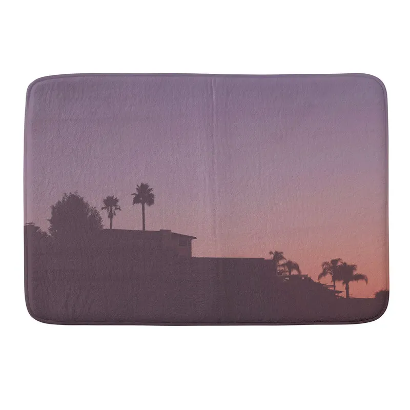 Los Angeles USA I Pastel California sky at sunset with palm tree silhouettes and Hollywood house Bath Mat