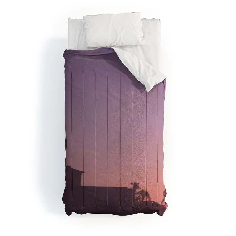 Los Angeles USA I Pastel California sky at sunset with palm tree silhouettes and Hollywood house Comforter