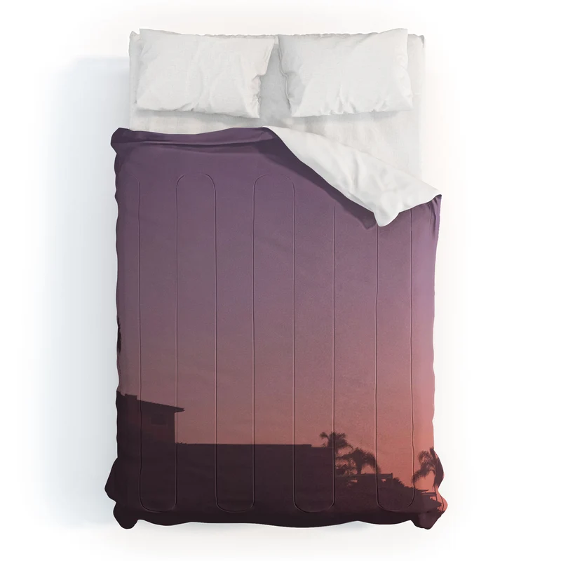 Los Angeles USA I Pastel California sky at sunset with palm tree silhouettes and Hollywood house Comforter