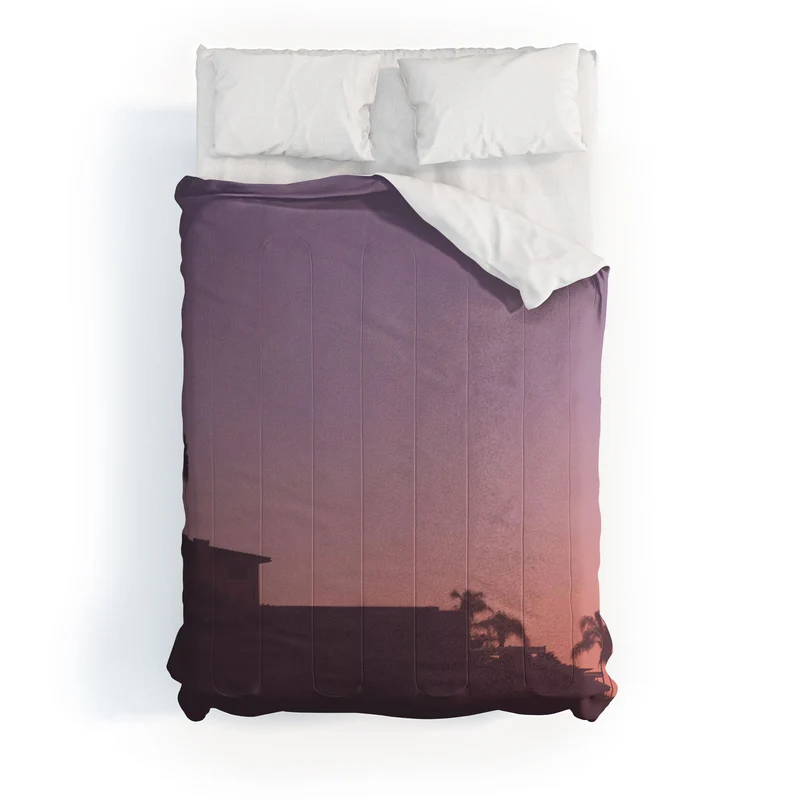 Los Angeles USA I Pastel California sky at sunset with palm tree silhouettes and Hollywood house Comforter