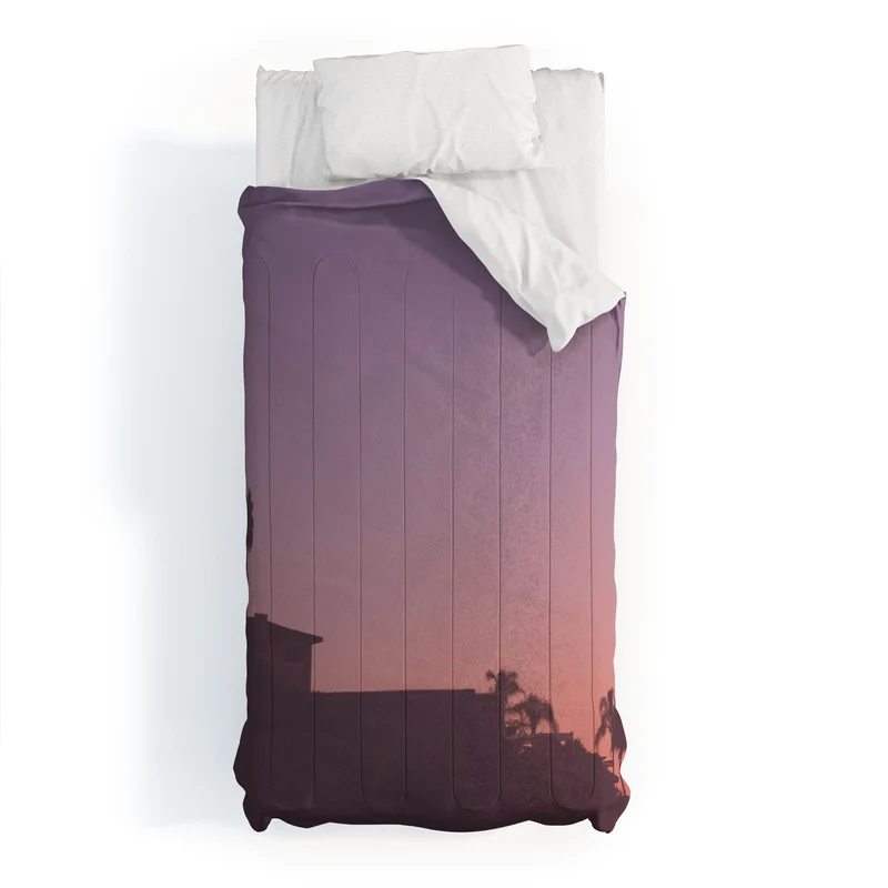 Los Angeles USA I Pastel California sky at sunset with palm tree silhouettes and Hollywood house Comforter