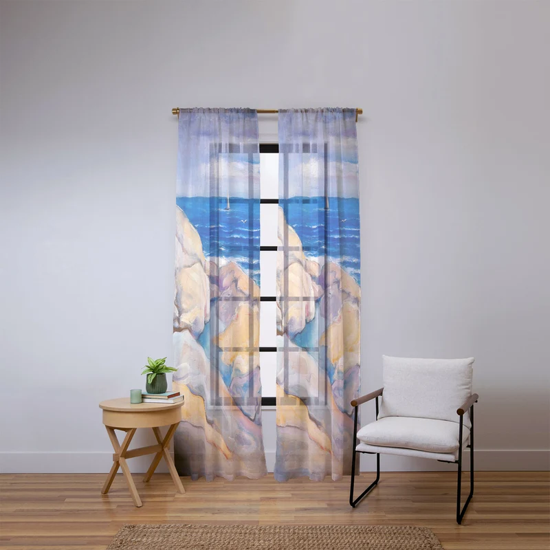 Rocks on the the coast nautical maritime ocean blue seascape by Venny Soldan Brofeldt Window Curtain