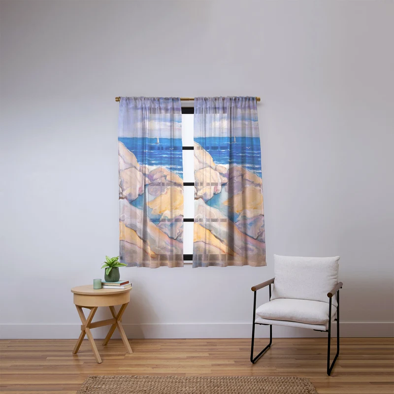 Rocks on the the coast nautical maritime ocean blue seascape by Venny Soldan Brofeldt Window Curtain