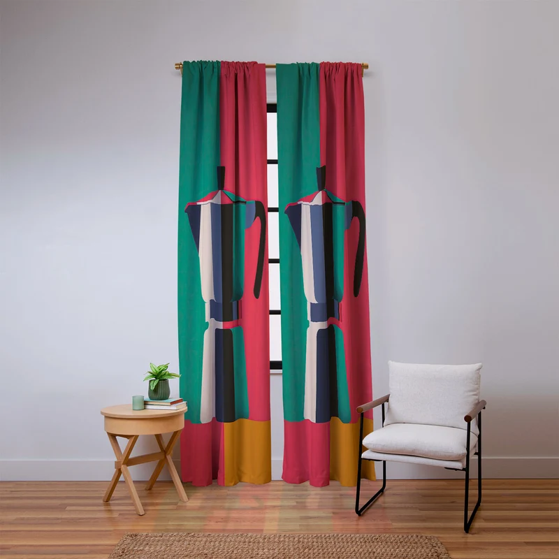 Abstract Moka Pot Coffee Still Life In Colorful Block Art Window Curtain