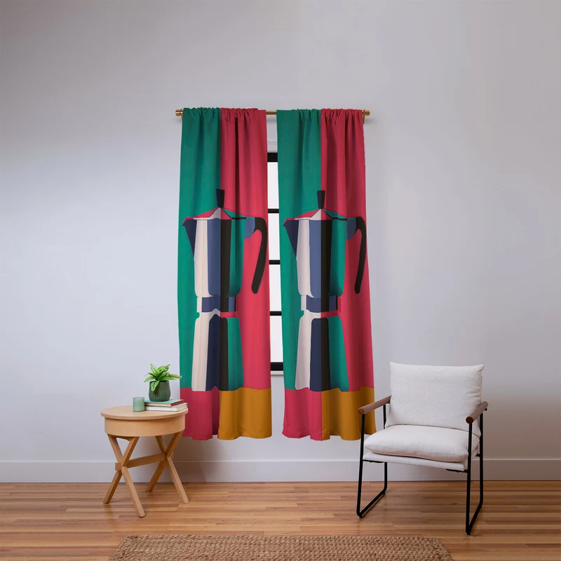 Abstract Moka Pot Coffee Still Life In Colorful Block Art Window Curtain