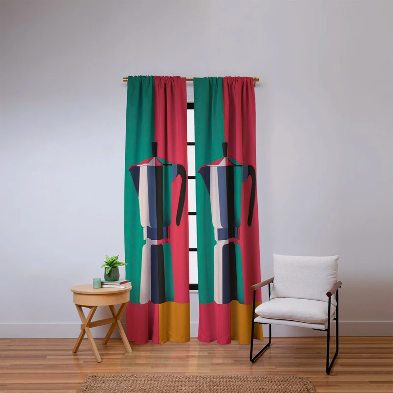 Abstract Moka Pot Coffee Still Life In Colorful Block Art Window Curtain