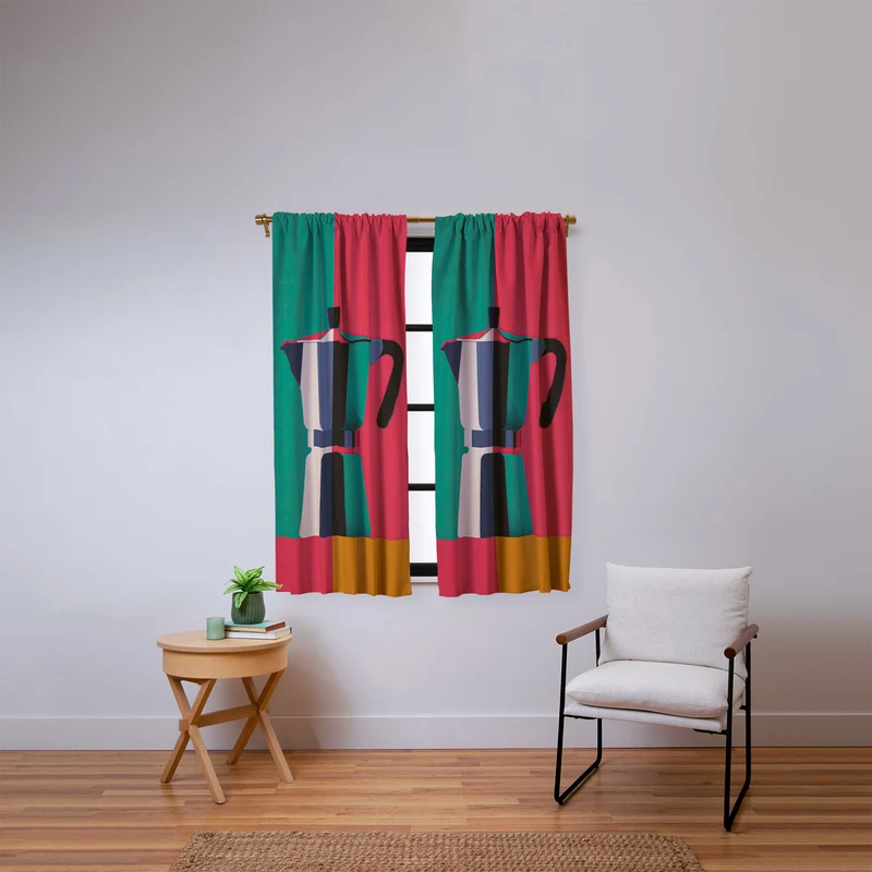Abstract Moka Pot Coffee Still Life In Colorful Block Art Window Curtain