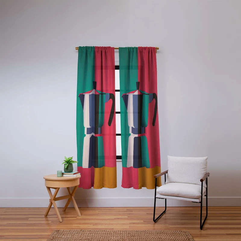 Abstract Moka Pot Coffee Still Life In Colorful Block Art Window Curtain
