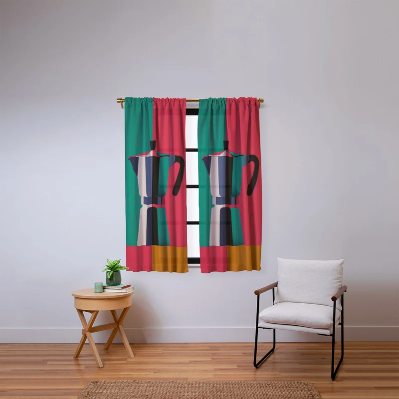 Abstract Moka Pot Coffee Still Life In Colorful Block Art Window Curtain