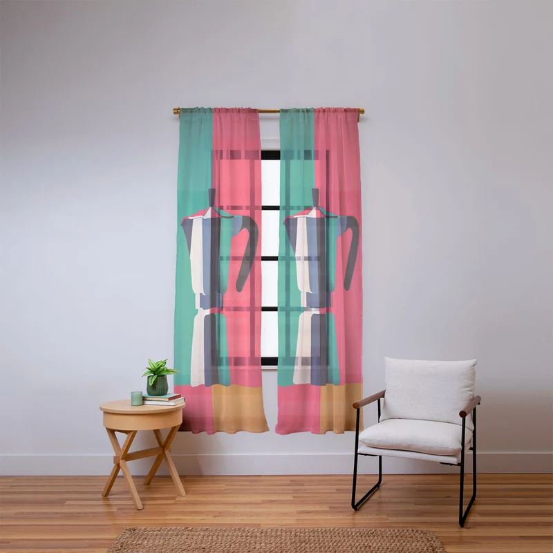Abstract Moka Pot Coffee Still Life In Colorful Block Art Window Curtain