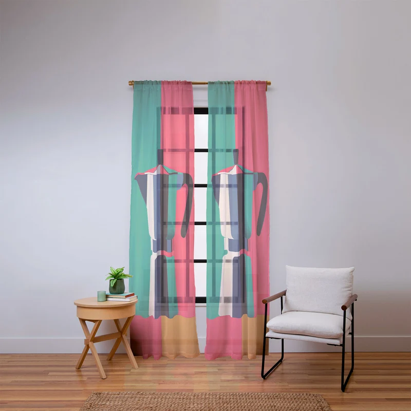 Abstract Moka Pot Coffee Still Life In Colorful Block Art Window Curtain