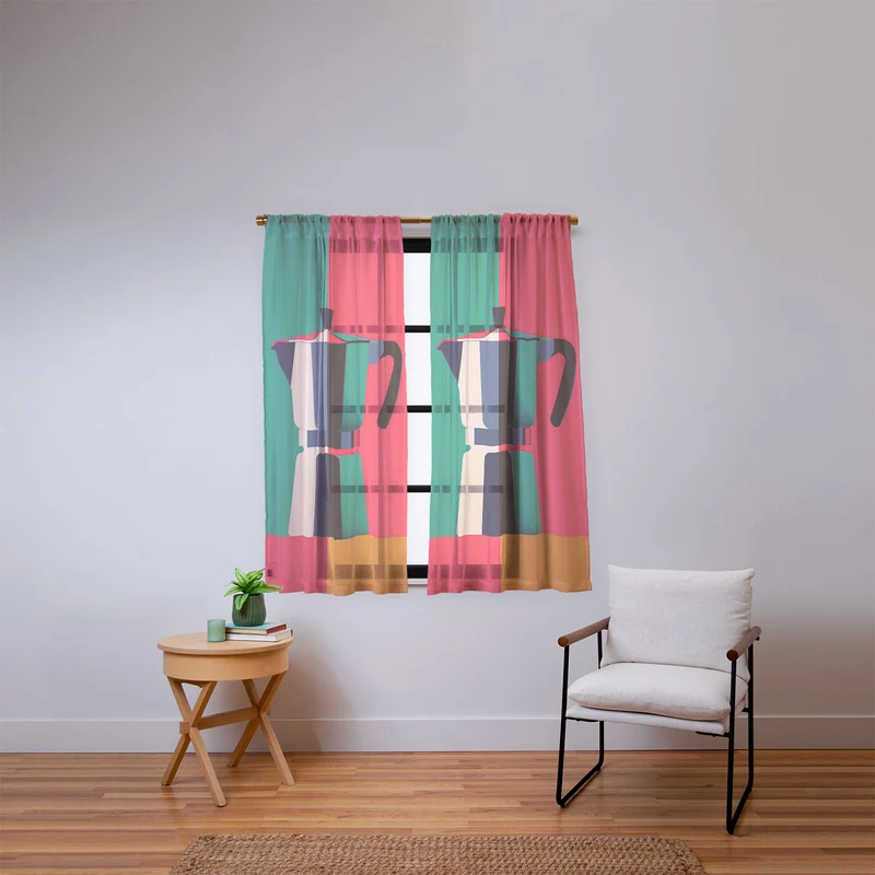 Abstract Moka Pot Coffee Still Life In Colorful Block Art Window Curtain
