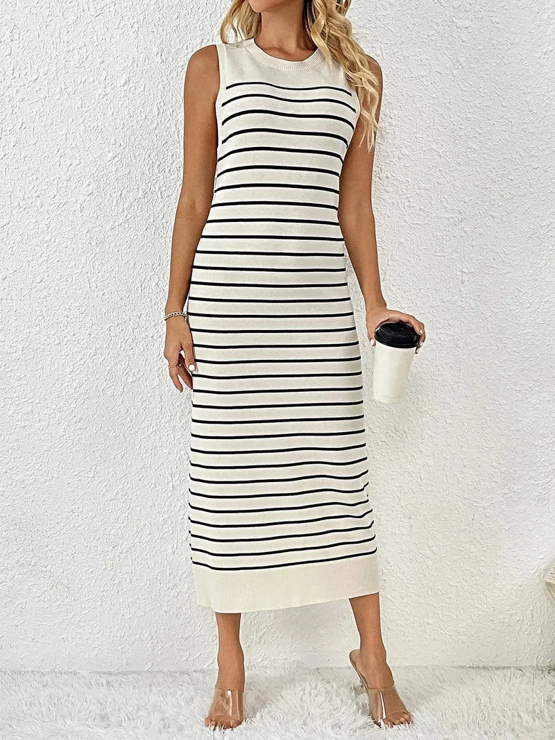 Gebreide midi-jurk voor dames met ronde hals, gemiddelde stretch en zachte viscosemix.