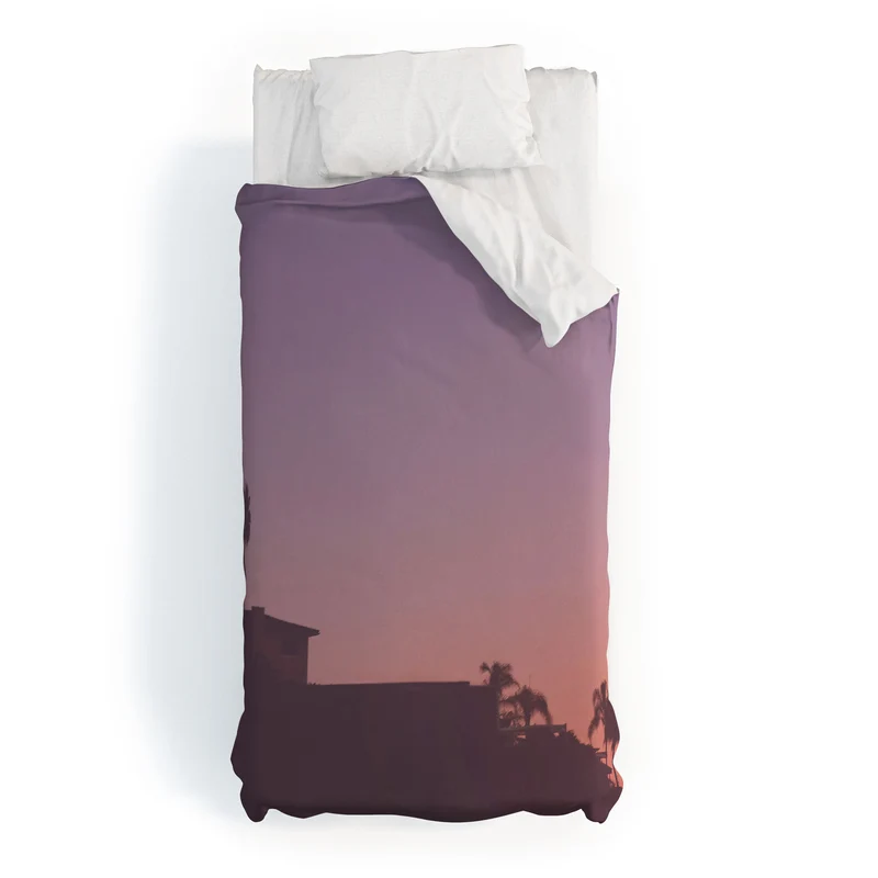 Los Angeles USA I Pastel California sky at sunset with palm tree silhouettes and Hollywood house Duvet Cover