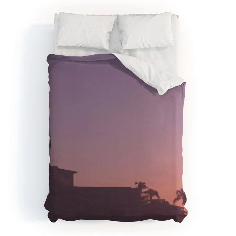 Los Angeles USA I Pastel California sky at sunset with palm tree silhouettes and Hollywood house Duvet Cover