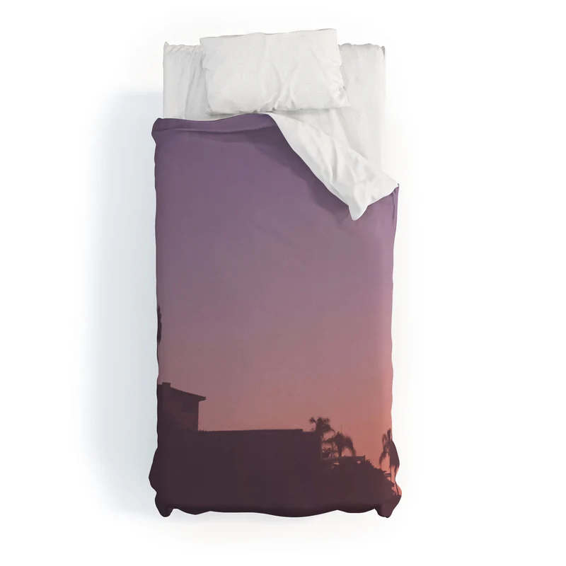 Los Angeles USA I Pastel California sky at sunset with palm tree silhouettes and Hollywood house Duvet Cover