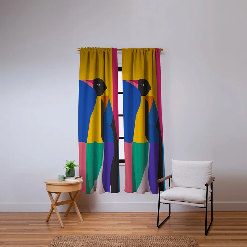 Abstract Penguin Portrait In Vibrant Modern Geometry Blocks Window Curtain