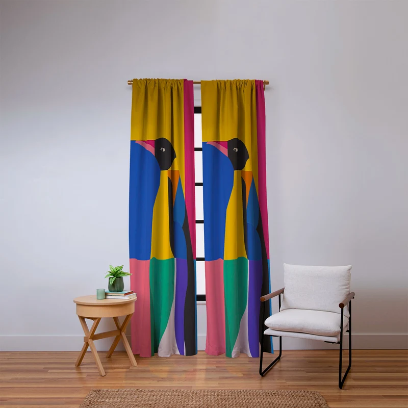 Abstract Penguin Portrait In Vibrant Modern Geometry Blocks Window Curtain