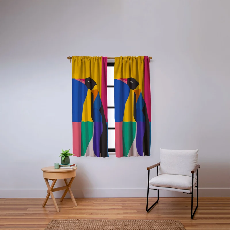 Abstract Penguin Portrait In Vibrant Modern Geometry Blocks Window Curtain