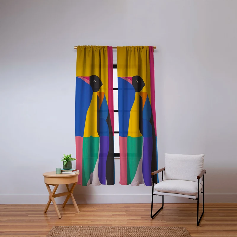 Abstract Penguin Portrait In Vibrant Modern Geometry Blocks Window Curtain