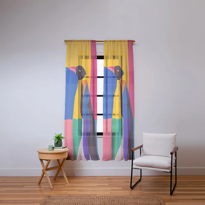 Abstract Penguin Portrait In Vibrant Modern Geometry Blocks Window Curtain