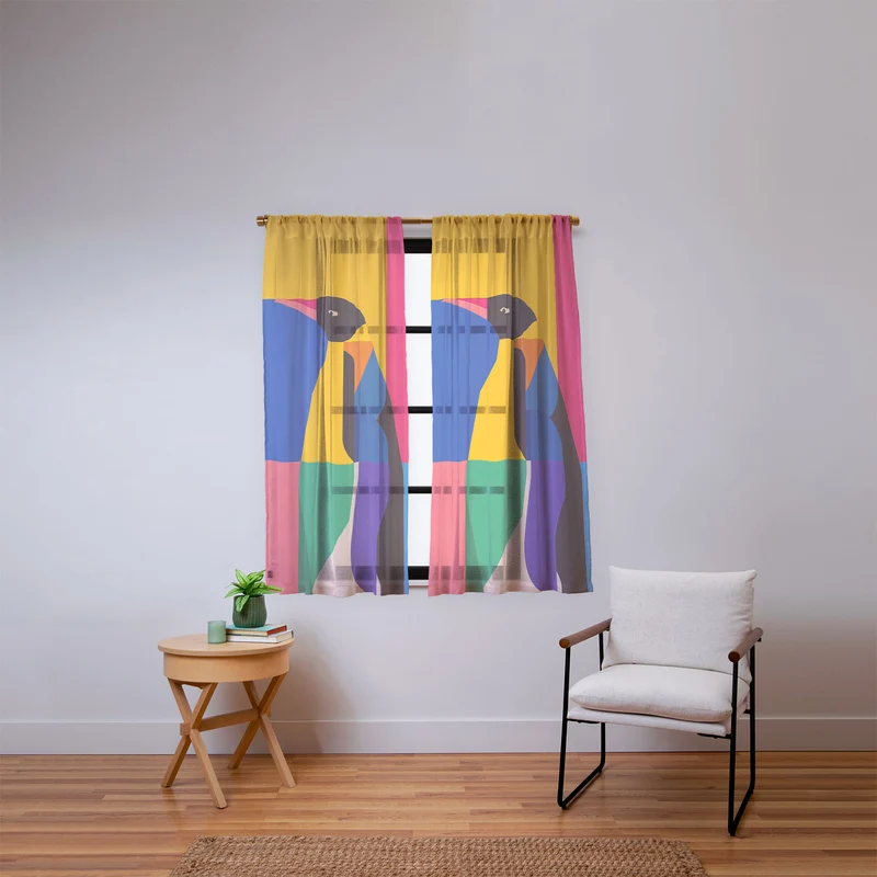 Abstract Penguin Portrait In Vibrant Modern Geometry Blocks Window Curtain