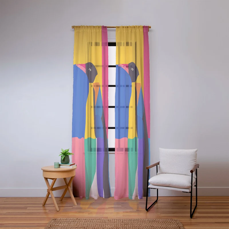 Abstract Penguin Portrait In Vibrant Modern Geometry Blocks Window Curtain