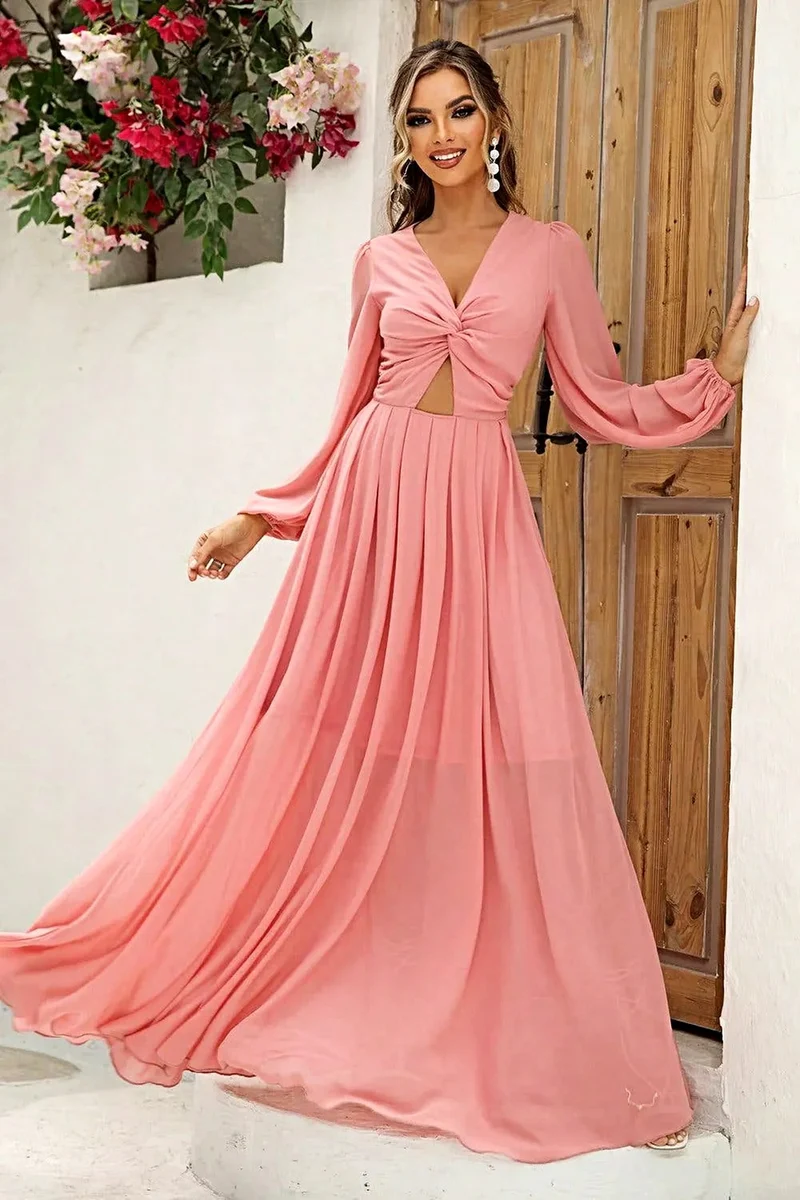 Chique jurk met lange mouwen en gedraaide voorkant, gemaakt van 100% polyester.