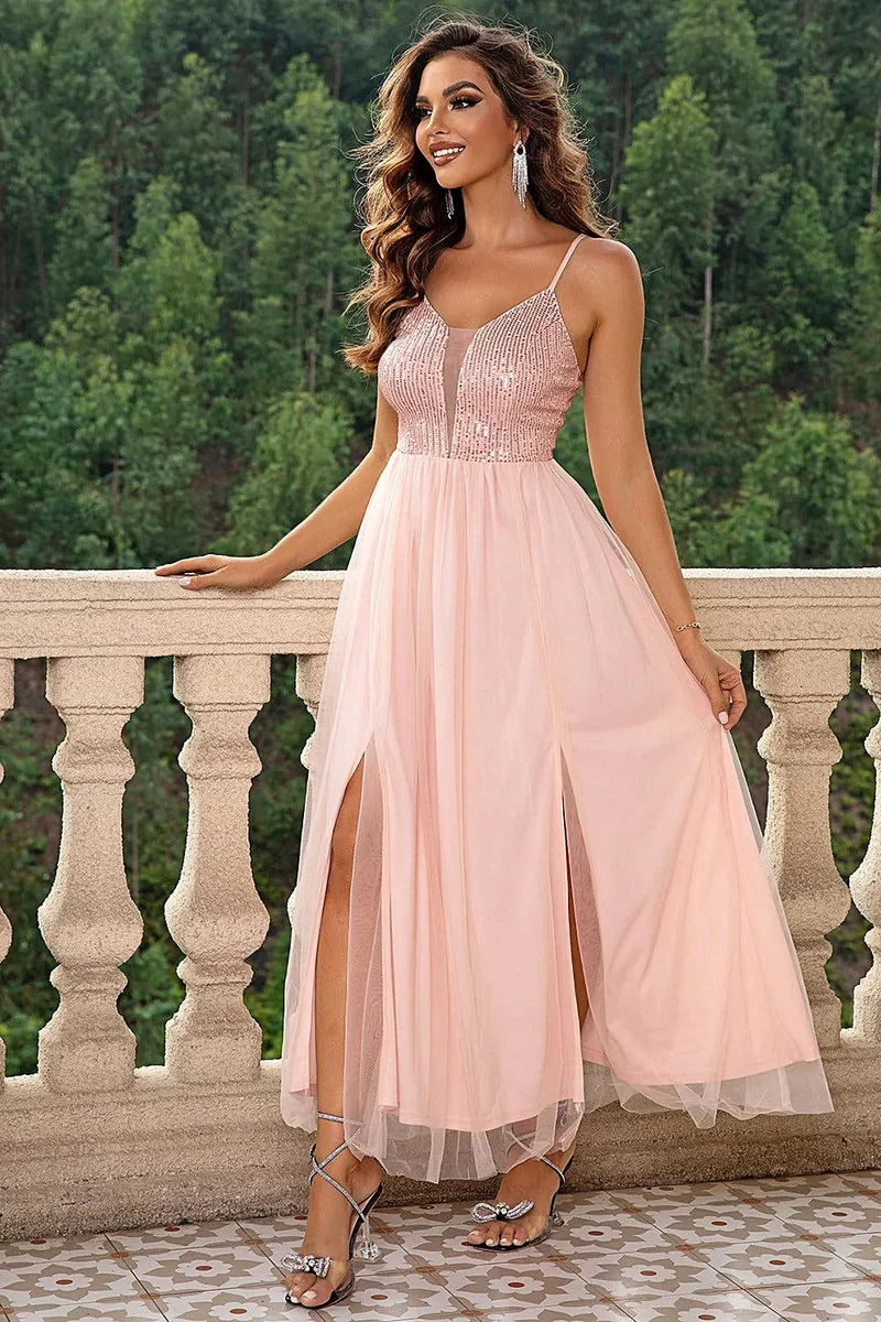 Elegante avondjurk XS-L met spaghettibandjes, transparante mesh split, elastische pasvorm en voering.