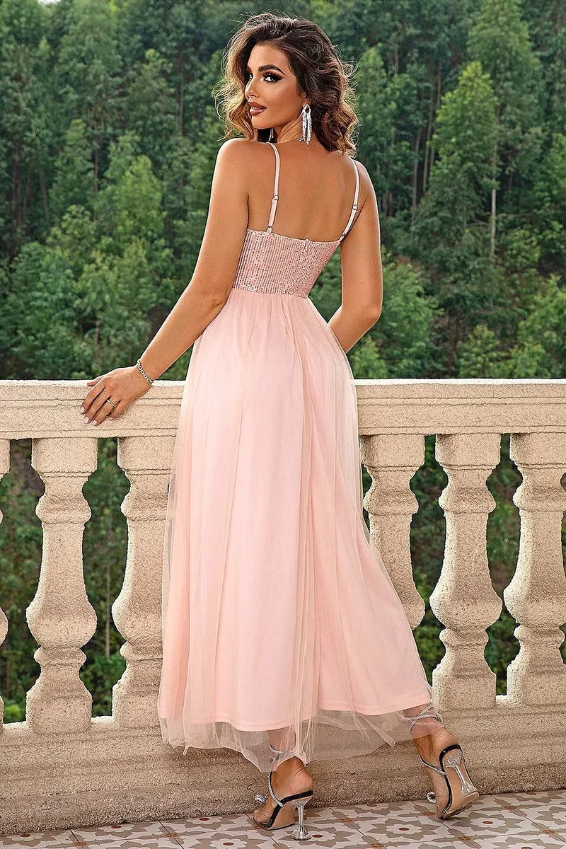 Elegante avondjurk XS-L met spaghettibandjes, transparante mesh split, elastische pasvorm en voering.