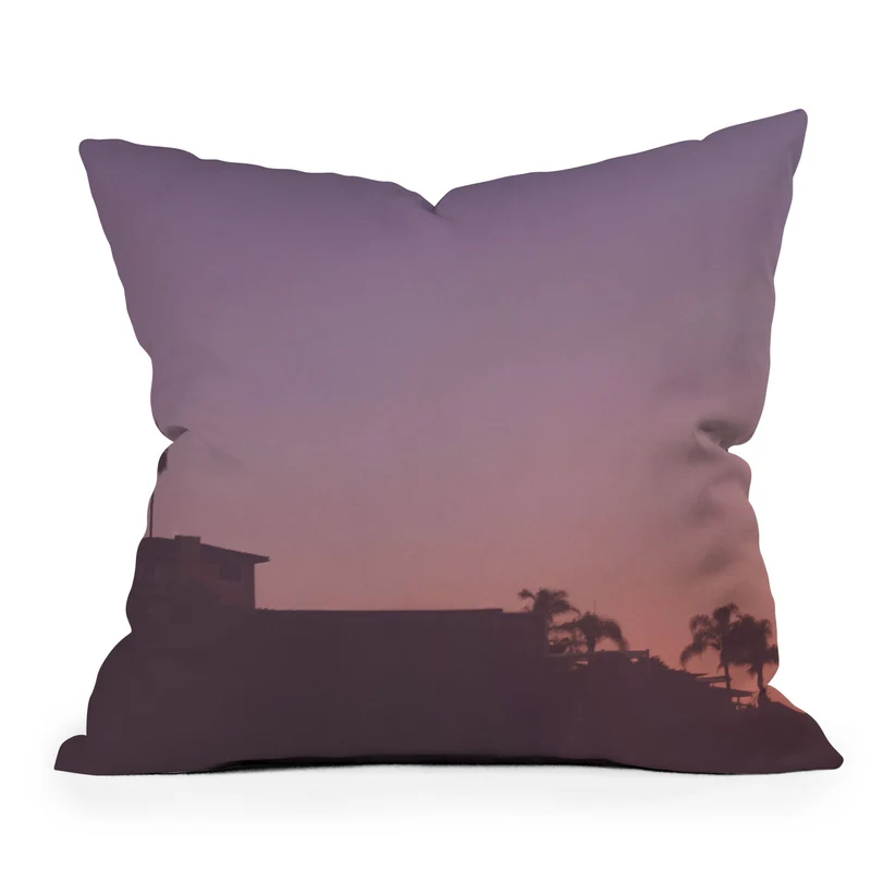 Los Angeles USA I Pastel California sky at sunset with palm tree silhouettes and Hollywood house Throw Pillow