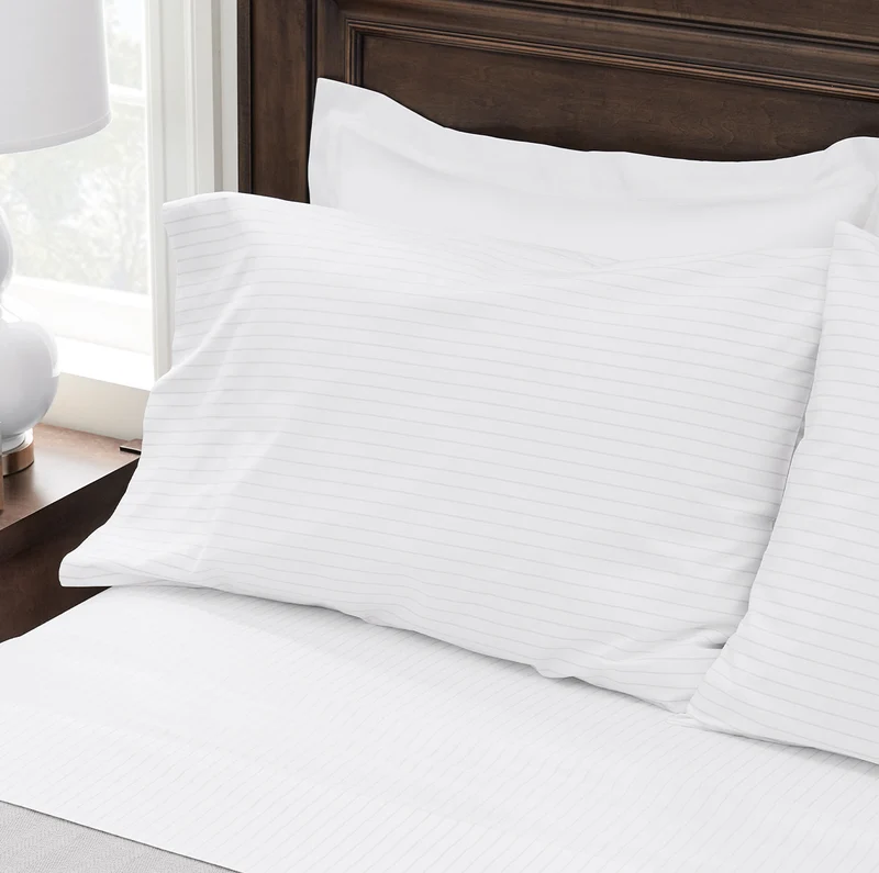 Percale Hemmed Pillowcase Set - White/Pewter Simple Stripe